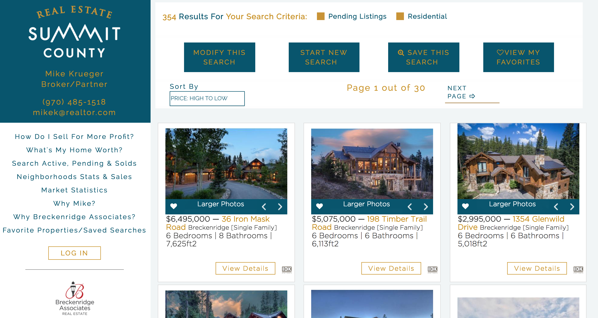a screenshot of the results page at Real Estate Summit County