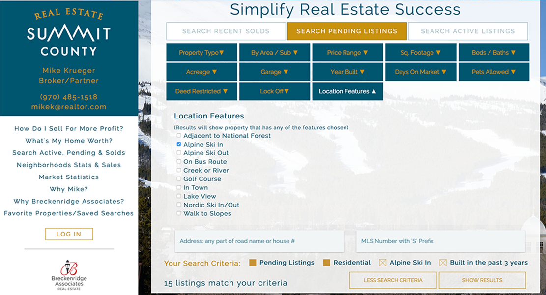 a screenshot of the more search feature at Real Estate Summit County